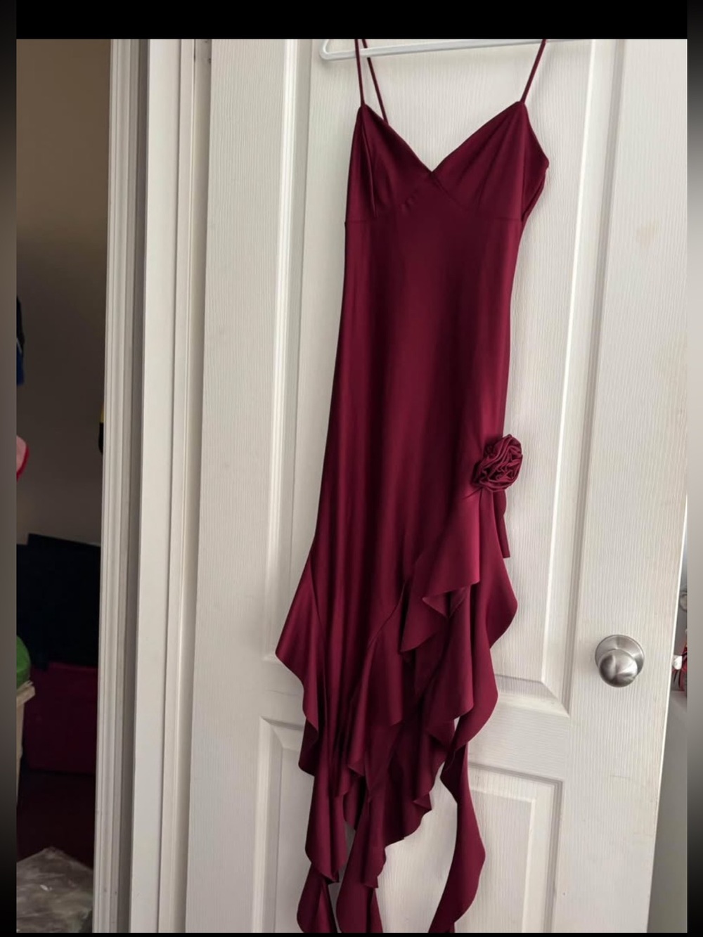 AKIRA Burgundy High-Low Ruffle Slip Dress with Rosette Detail